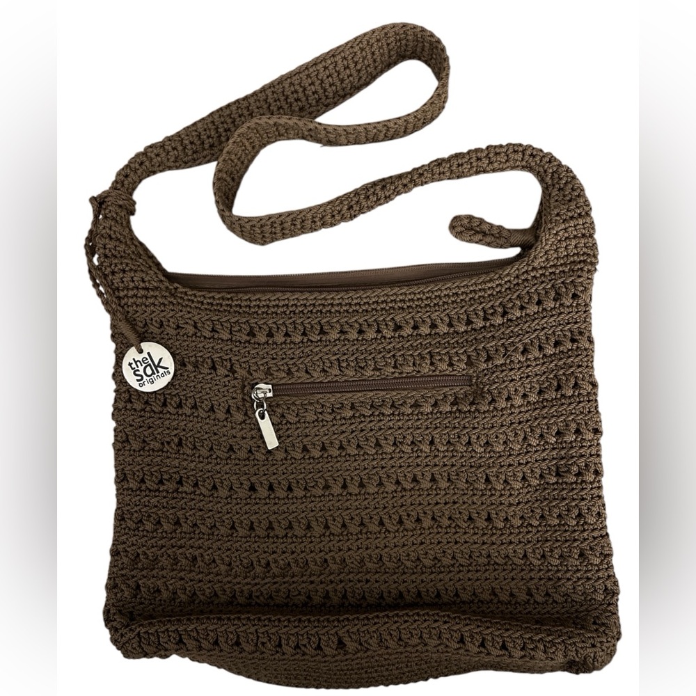 The Sak Taupe Brown Crochet Knit Small Crossbody Purse Bag